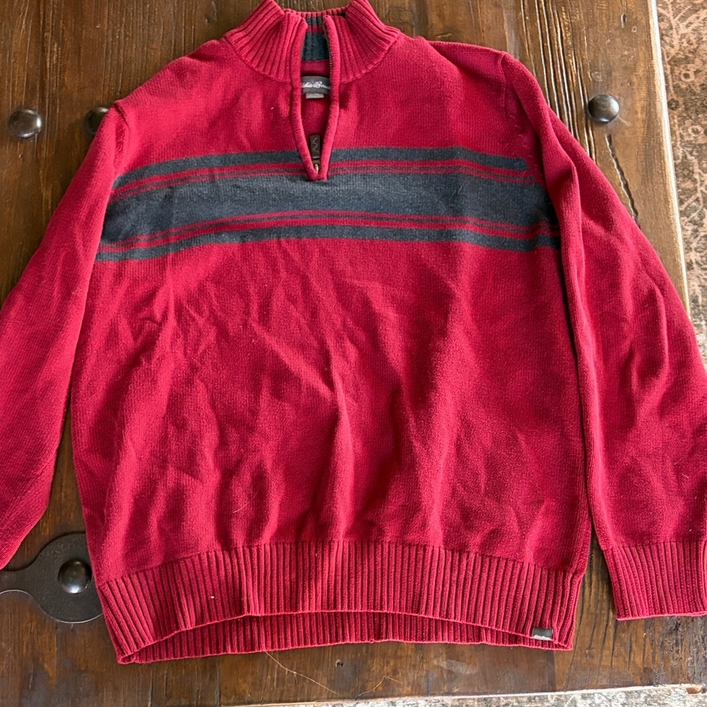 Eddie Bauer Red Zip-Up Sweater with Gray Stripes